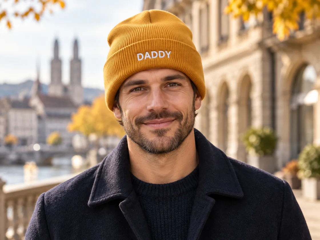 Goldener Classic-Beanie mit Umschlag und Daddy-Stickerei im Alltag getragen