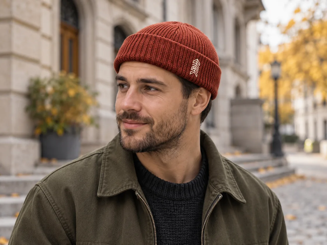 Alltagslook mit kurzem rotem Fisherman-Beanie und feiner Stickerei