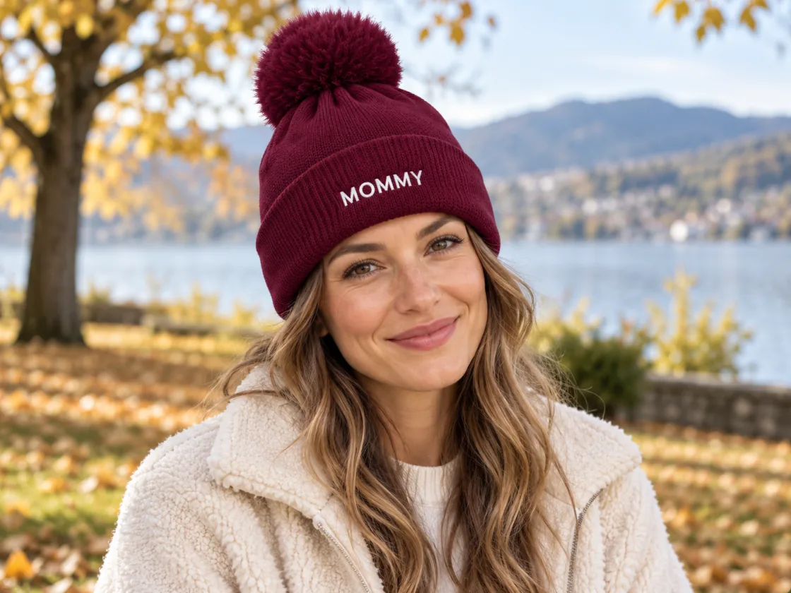 Frau mit bordeauxfarbenem Bommel-Beanie und Mommy-Stickerei am See