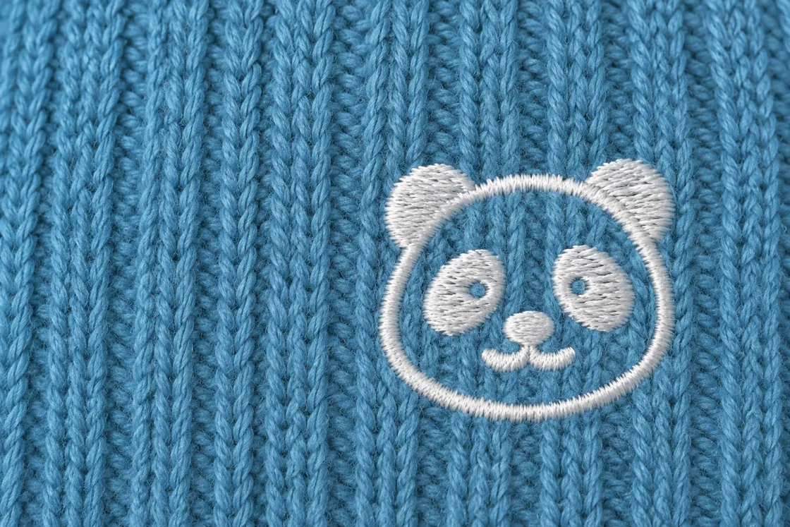 Nahaufnahme einer Stickerei auf blauem Strick