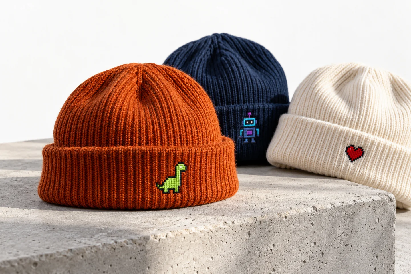 Designinspiration: orangefarbener Beanie mit Pixel-Dino, blauer Beanie mit Pixel-Bot und heller Beanie mit Pixel-Herz