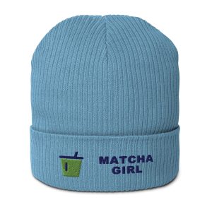 Matcha Girl – Icon & Text Organic Beanie – Light Avio Blue