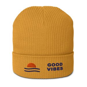 Beach & Good Vibes – Icon & Text Organic Beanie – Mustard Yellow