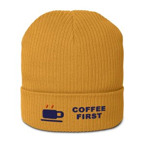 Coffee First – Icon & Text Organic Beanie – Mustard Yellow